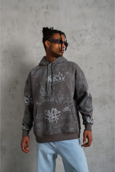 Generic Brand Men's Printed Hooded Ribbed Sweat - Gray