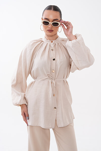 Mega Life Pleated Collar, Waist-Tie Glos Shirt