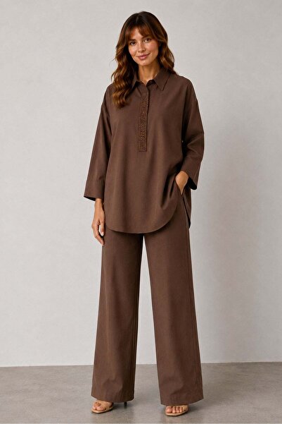 FTZ WOMEN طقم كتان نسائي بني 31398
