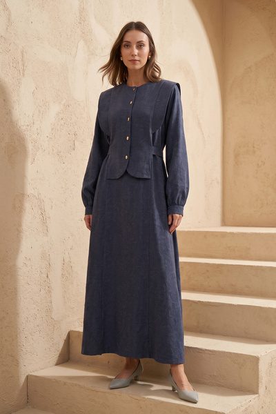 Nuss Patterned Belt Detailed Dress 2036 Navy Blue