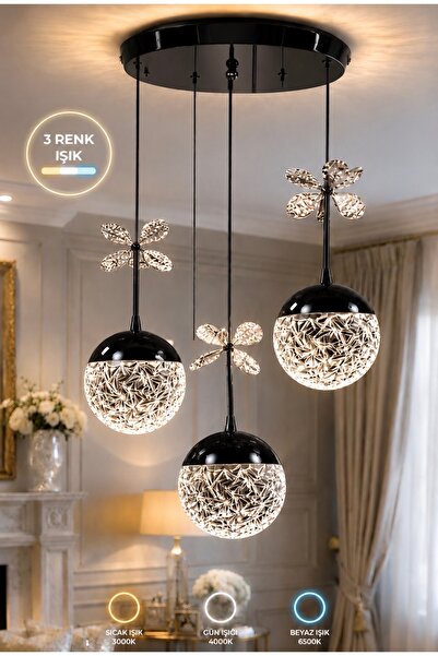 Buiva Bruce Black Sarkıt Avize 3 Renk Işık Salon Oturma Yatak Odası Mutfak Av...