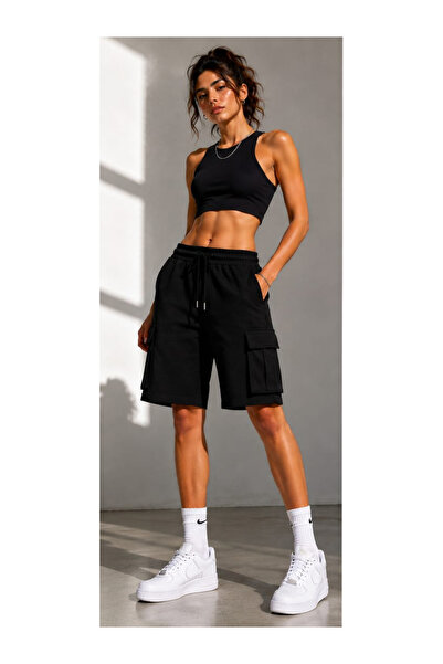 yueswear Kadın Siyah Çift Kargo Cepli Şort Lastikli Bel Günlük Şort
