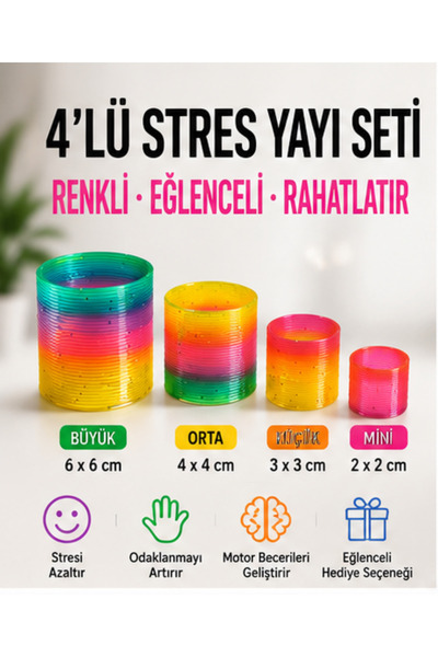 LRS STORE 4'lü Renkli Stres Yayı Seti | Yay Oyuncağı Slinky Oyuncak | 4 Farkl...