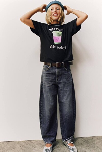 caps Unisex Çocuk Baggy Jean Pantolon Balon Kesim Koyu Mavi Denim Pantolon