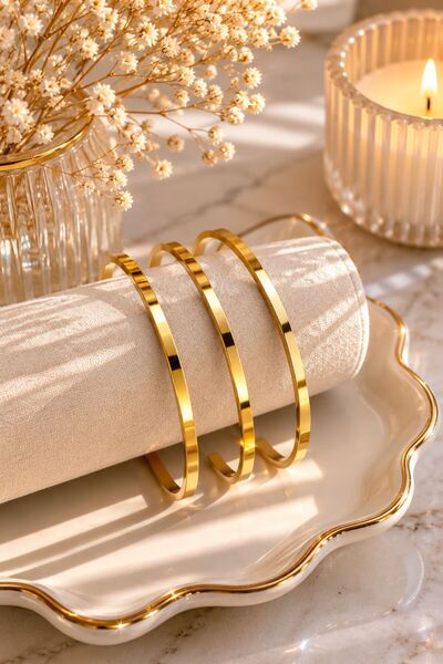 Line Classy Case 3’lü Çelik Ajda Bileklik Seti – Gold Renk Minimalist Kadın B...