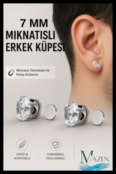 MAZEN 2 Pieces of 7 mm Solitaire Earrings with Strong Magnets |   Non-Perfora...