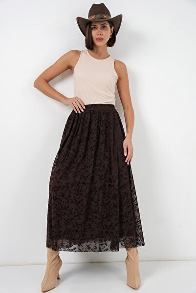 Merterium Women's Flocked Printed Lined Skirt 1481 - Brown