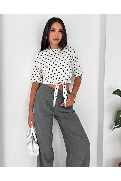 Budan Export Women's Polka Dot Patterned Crew Neck Short Sleeve Crop Blouse w...
