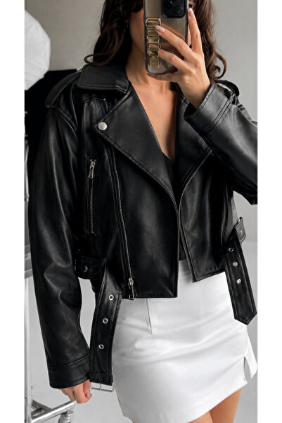 PALMA Yeni Sezon Oversize Kadın Siyah Biker Deri Ceket