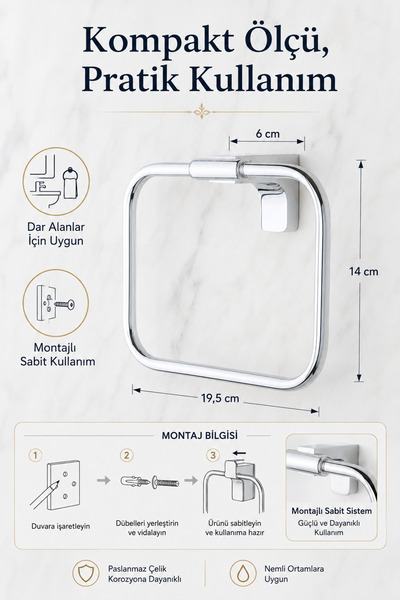 Alper Banyo Premium F1 Model Krom Halka Havlu Askısı Paslanmaz Çelik Montajlı Banyo Havluluk 5 Yıl Garantili