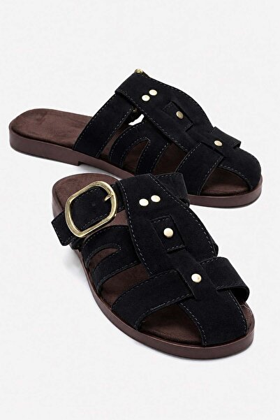 CCWAY AYAKKABI Women's Slippers with Buckle and Closed Front with Pins Black