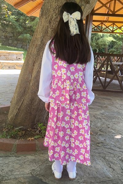 Masnu Çocuk 100% Cotton White Floral Pink Vest and Midi Length Elastic Skirt Set