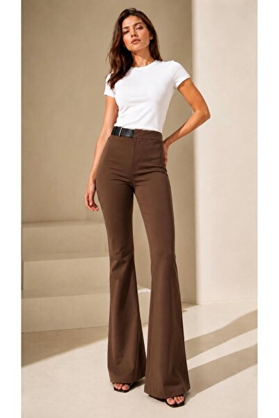 Heyya Women's Half-Belted Spanish Flare Fabric Trousers Brown