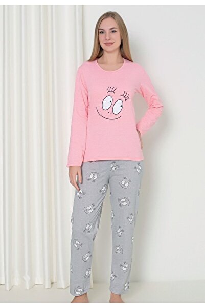 Serena Pijama damă cu mânecă lungă și pantaloni lungi, imprimeu ,,Happy Face'...