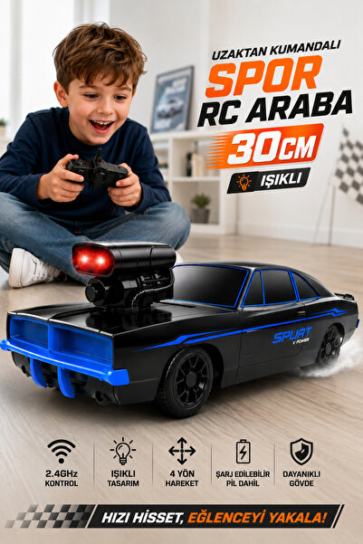 Arda-Han Ticaret Uzaktan Kumandalı Işıklı Yüksek Hızlı RC Spor Araba 30cm – 2.4GHz Şarjlı Çocuk Yarış Arabası