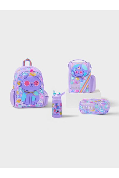 SMIGGLE Playtime 4-Piece Cat School Bag Set (Bag, Water Bottle, Lunch Box, Pe...