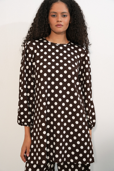 Merterium Women's Tunic Pants Polka Dot Top and Bottom Set 1013 - A.Brown