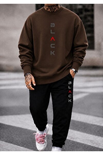 FAEL LİFE Unisex Wide Cut Zero Neck and Sweatpants Set with Black Print