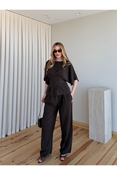Laluvia Bitter Brown Bat Sleeve Waist-Fitted Blouse Loose Trousers Set - 650008