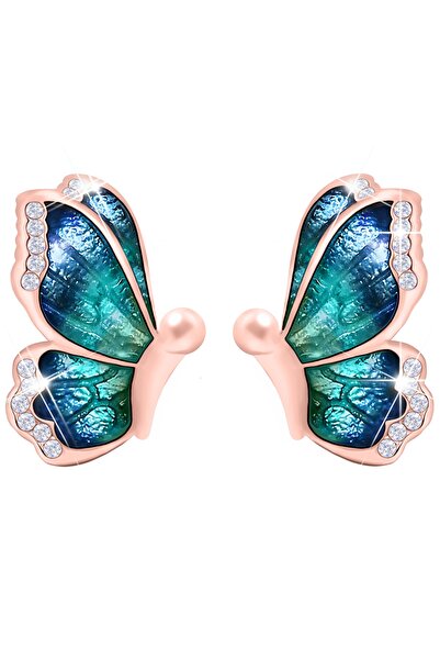 Larezo 925 Sterling Silver Earrings Plated With 18K Rose Gold, Blue Butterfly...