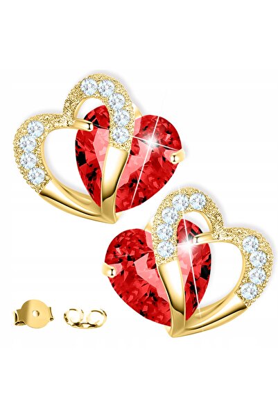 Larezo 925 Sterling Silver Gold Plated Earrings, With Ruby Red Crystal Hearts...