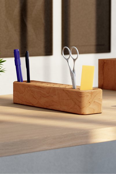 Woodsaka Block Pen Holder - Large |   Desktop Pen Holder Made of Cherry Wood |