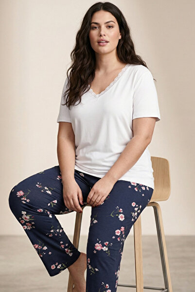 Siyah İnci Ecru Patterned Large Size Oversized Viscose Knitted Pajama Set