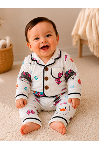 Beyaz Sevimli Kız Bebek Pijama Takımı Pamuklu Bebek Pijama