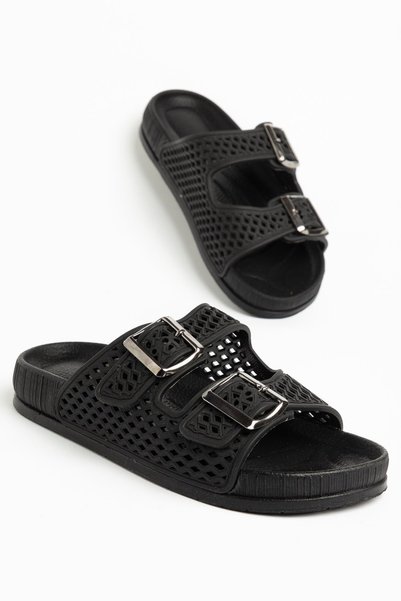 Moda Eleysa Betty Women's Black Rubber Double Buckle Poly Sole Slippers