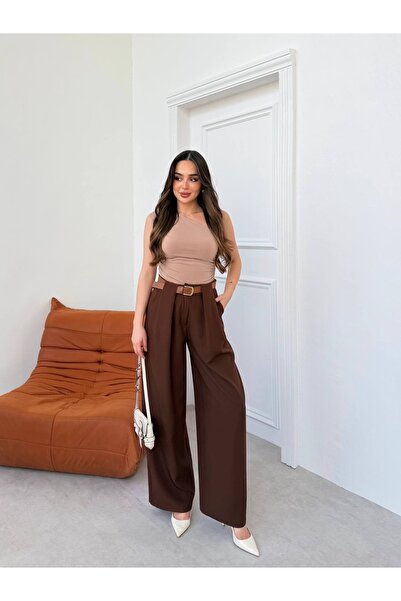 ELAY Fashion Women's Brown Belt Detailed Wide Leg High Waist Trousers