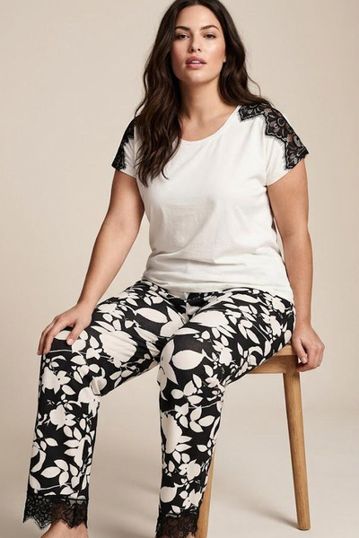Siyah İnci Ecru Patterned Large Size Oversized Viscose Knitted Pajama Set