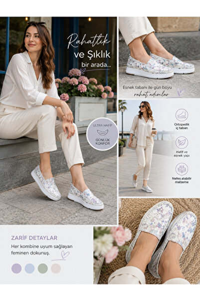 Ayakkabı Vakti Çiçek Desenli Hakiki Deri Kadın Loafer Babet