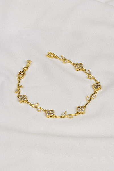 Süspüs Accessories Gold Renk Beyaz Taşlı Suyolu Dört Yapraklı Yonca Figürlü B...