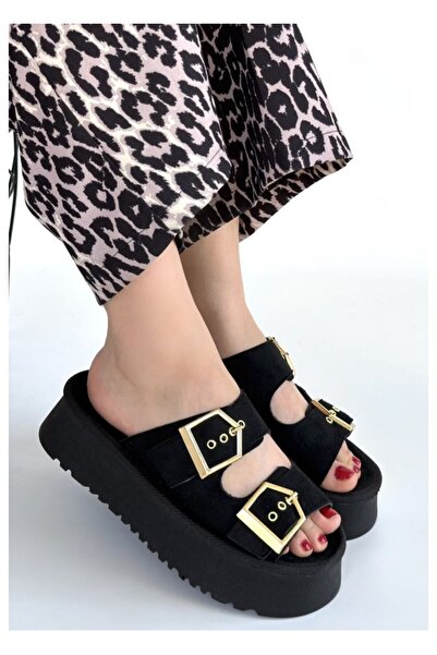 BellAyakkabı Bellamor Women's Double Buckle Suede Thick Sole Daily Sandals Sl...