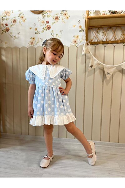 shop KIZ ÇOCUK NOSTALJİK PUANTİYE DETAYLI BEBE MAVİSİ ALT FIRFIR BEBE YAKA EL...