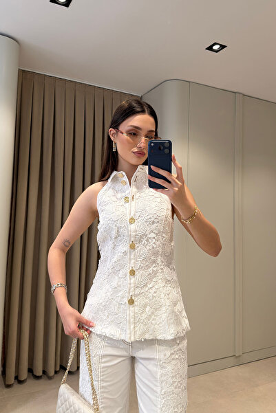 MAGARDE Sleeveless Lace Premium Denim Shirt - White