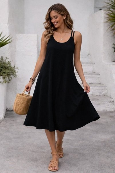 oada Women's Strappy Round Neck Kiloş Long Viscose Dress