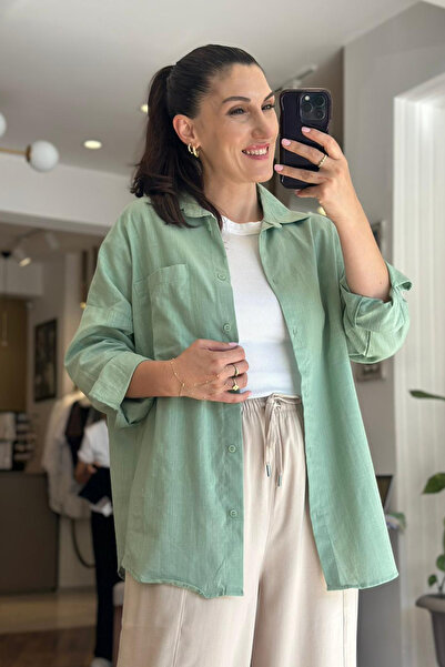 Unique Boutique Green Standard Size Linen Shirt