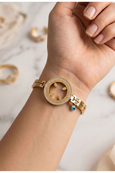 AKSESUARIM Steel Evil Eye Beaded Half Gold Attachable Handcuff