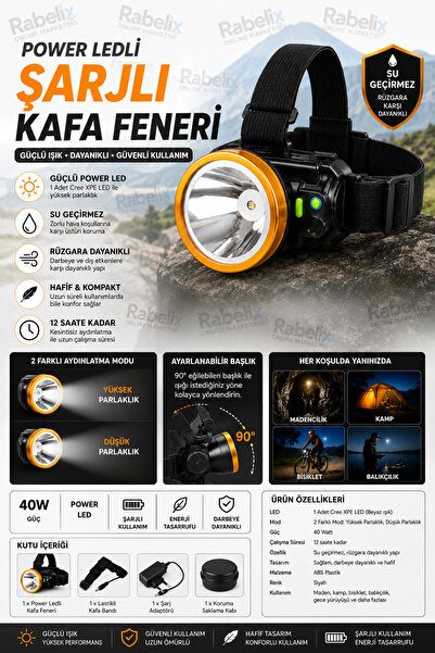 Rabelix Online Marketing Şarjlı Power LED Kafa Feneri Su Geçirmez 40W Cree XP...