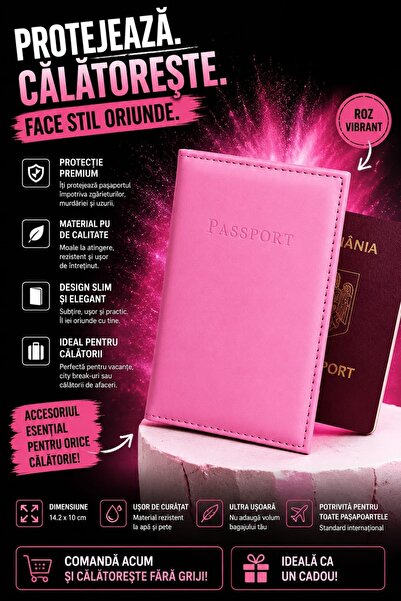 ANY SHOP MARKET Husă Pașaport Roz, Material PU Premium, Protecție Documente d...