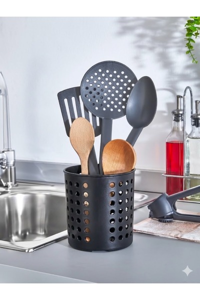 Ayza Belle Plastik Dik Kaşıklık Siyah Tezgah Üstü Silindir Kaşık Düzenleyici
