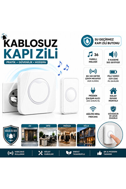 Vi Caro Kablosuz Kapı Zili Su Geçirmez Butonlu 36 Melodili 5 Kademe Ses Ayarl...