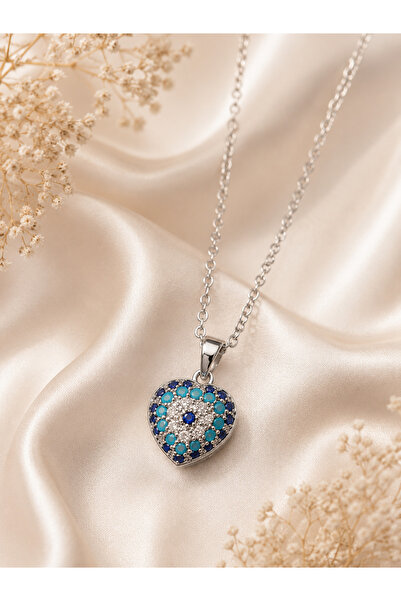Sylvera Shop Blue Heart Evil Eye Steel Necklace (Silver Color)