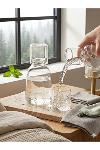 EVBİENTE Borosilicat Cam Başucu Sürahisi Bardak Kapaklı Set