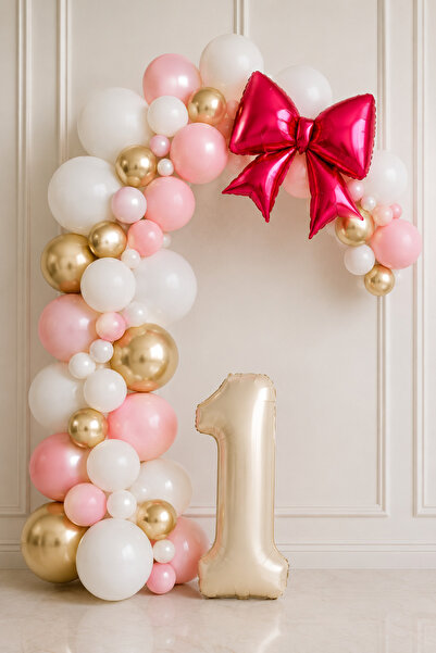 Öztürkpartievi 🎀   Bow Themed 1 Year Old Balloon Chain Set |   1 Number Foil...
