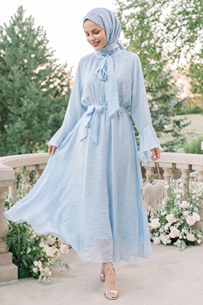 InStyle Wide Sleeve Baby Blue Dress with Scarf