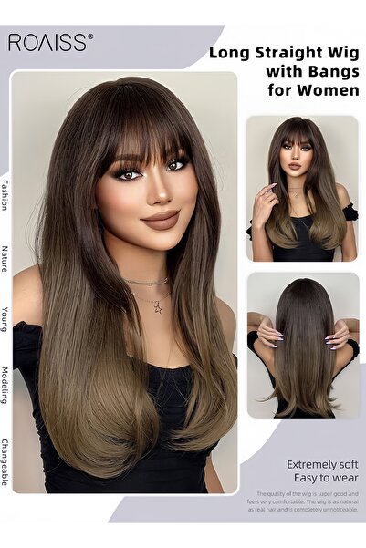 ROAISS Long Straight Wig with Bangs for Women, Slightly Curly Hair Ends, Natu...