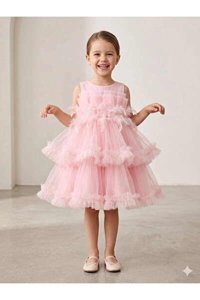 Orca Kids Fashion 2-10 Drape Feather Detailed Evening Dress Pink