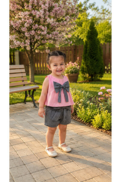 Kız Bebek Fiyonk Detaylı Bluz ve Çizgili Şort Takım Pembe